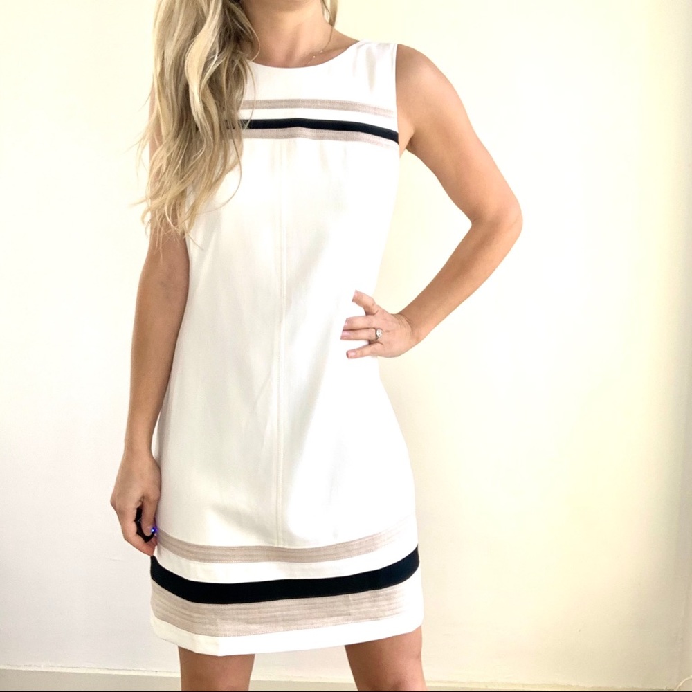 WHBM White Sheath Dress with Tan & Black Stripe M